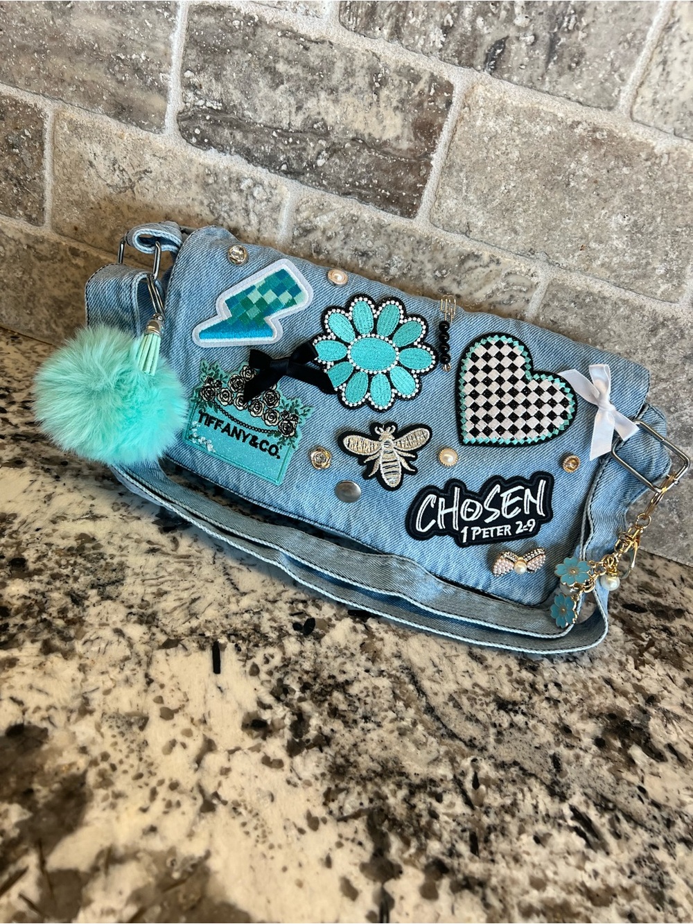 Teal Themed Denim ‘Junk’ Patch Work Bag